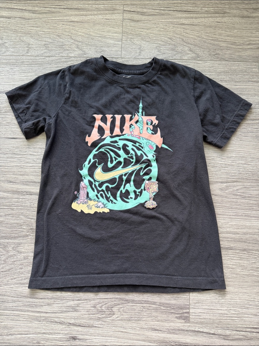 Nike Black Tee with Teal & Peach Graphic
